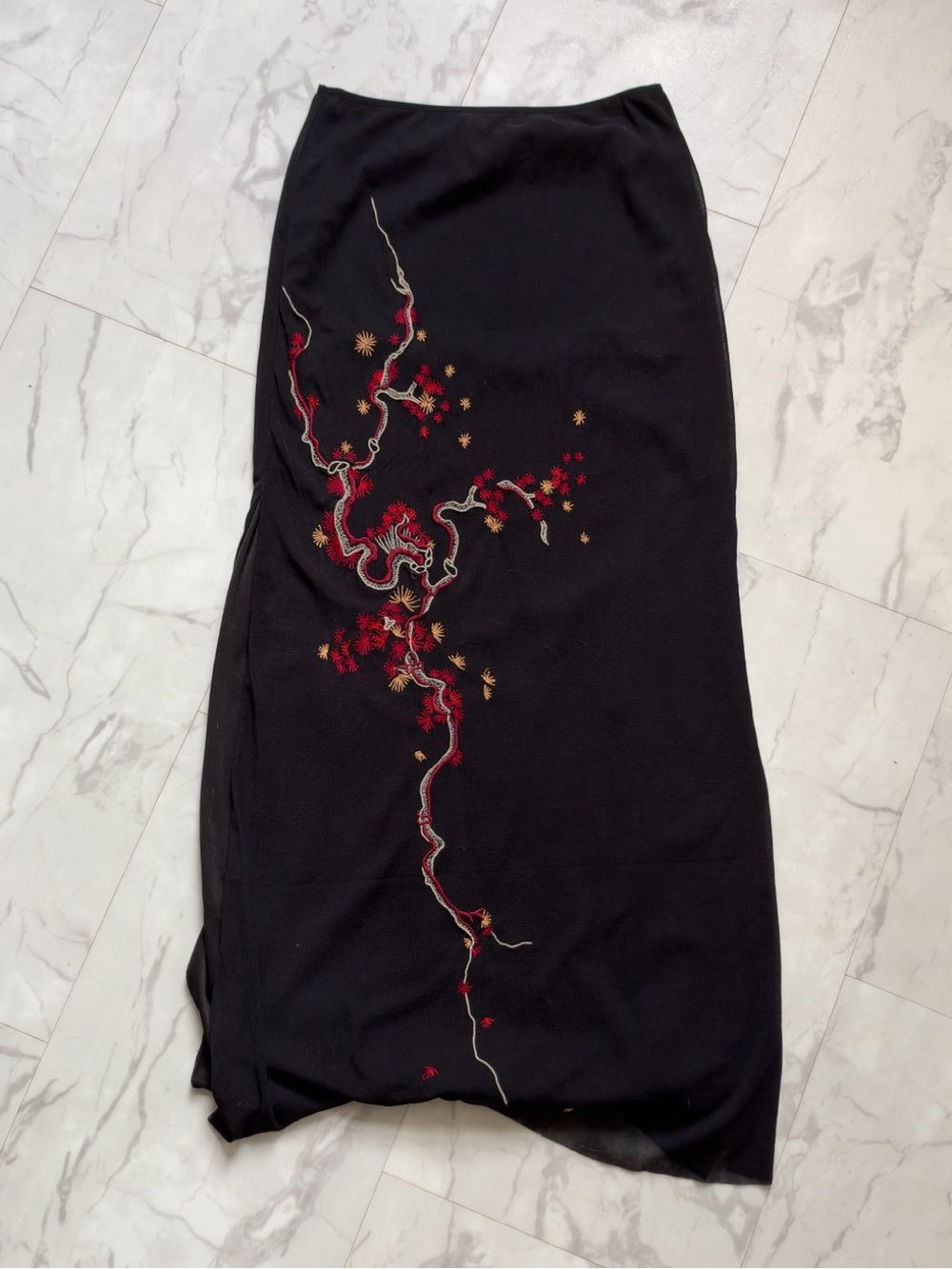 Vivienne Tam Black Embroidered Maxi Skirt with Red Floral Detail